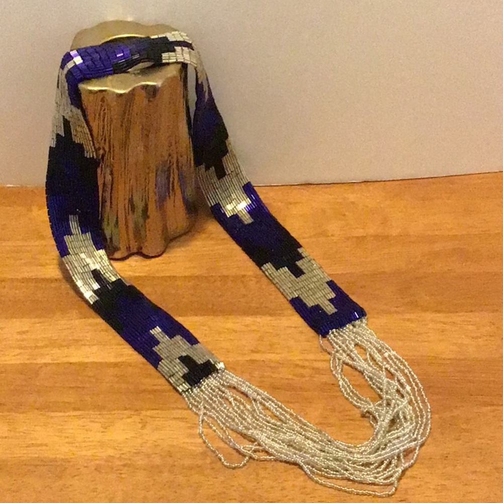 Beautiful silver, black and blur beaded “scarf” necklace.